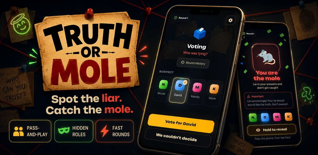 Truth or Mole game artwork with hidden-role and voting screens.